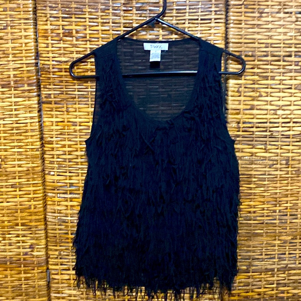 EUC Pinky Black fringe front Sheer back dressy tank top S